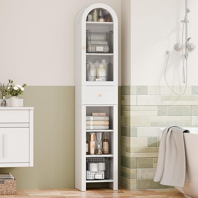 70" Tall Bathroom Storage Cabinet with Acrylic Door，Narrow Storage Cabinet with Drawer Adjustable Shelves, Modern Arched Design Bathroom Cabinet for Bathroom, Living Room, Kitchen, White