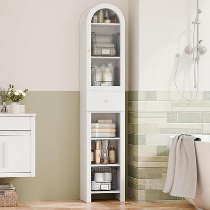 70" Tall Bathroom Storage Cabinet with Acrylic Door，Narrow Storage Cabinet with Drawer Adjustable Shelves, Modern Arched Design Bathroom Cabinet for Bathroom, Living Room, Kitchen, White