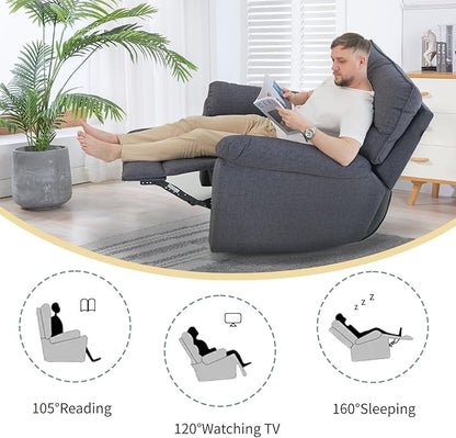 Reclining Sofa Rocking Recliner Chair Manual Adjustable 360 Swivel with Ergonomics Overstuffed Lumbar Arm Support Natural Fabric Surface Made for Living Room, Bedroom, Nursery, Dark Grey