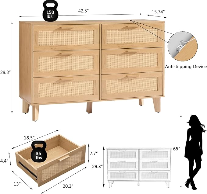 6 Drawer Dresser for Bedroom, Modern Wooden Chest of Drawers with Metal Handles, Anti-Tipping Design, Sturdy and Stable Storage Organizer for Living Room, TV Stand,Natural Oak