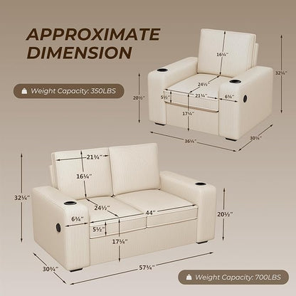 Furnimart 4-Seater Sectional Sofa and Couch Set Corduroy, Loveseat & 2PC Chairs with USB Charger and Cup Holder, Small Living Room Furniture Set for Apartment, Tiny Homes and Lofts, 3PC-Beige