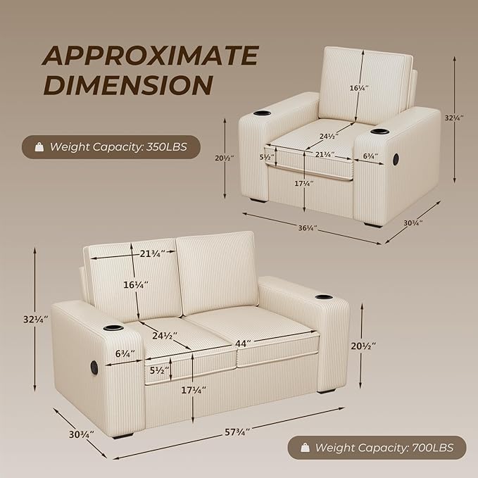 Furnimart 3-Seater Living Room Set Corduroy, 58" Wide Loveseat & Accent Chair with USB Chargers, Cup Holders & High-Density Foam, Modern Sofa & Armchair Set for Apartment, Living Room(2 Colors)