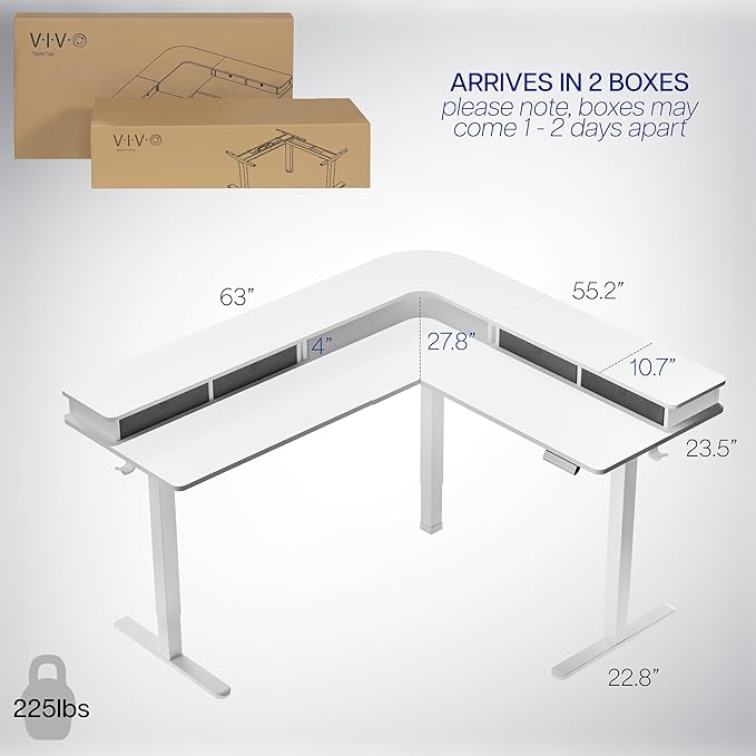 VIVO Electric 2-Tier Corner L-Shaped 63 x 55 inch Standing Desk, Height Adjustable, Memory Controller, White Top White Frame, Dark Gray Drawers, DESK-E3CVW