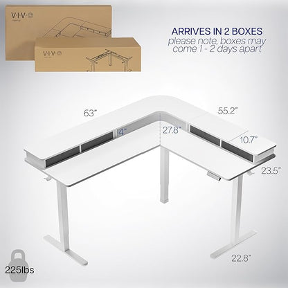 VIVO Electric 2-Tier Corner L-Shaped 63 x 55 inch Standing Desk, Height Adjustable, Memory Controller, White Top White Frame, Dark Gray Drawers, DESK-E3CVW