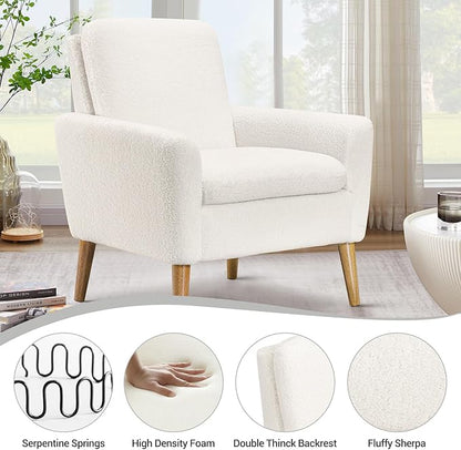 Lohoms Sherpa Accent Chair, Modern White Teddy Fabric Upholstered Comfortable Armchair, Comfy Reading Leisure Chairs for Bedroom, Living Room, Home Office, Small Sofa Chair with Wood Legs