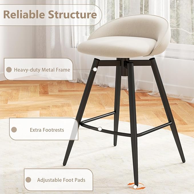 COSTWAY Bar Stools Set of 4, 25" Upholstered Counter Height 360° Swivel Bar Stools w/Backrest & Footrest, Heavy-Duty Metal Frame Armless Breakfast Chairs for Kitchen, Living Room (Set of 4,Beige)