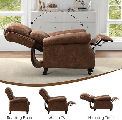 Push Back Recliner Chair Faux Leather Lounge Armchair with Rivet Decoration Wingback Single Sofa Chair with Padded Seat Solid Wood Legs for Living Room, Comfy Upholstered Set of 2, Chocolate