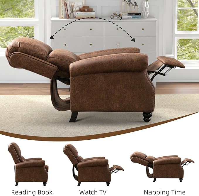 Push Back Recliner Chair Faux Leather Lounge Armchair with Rivet Decoration Wingback Single Sofa Chair with Padded Seat Solid Wood Legs for Living Room, Chocolate