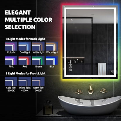 Awoco LED Bathroom Mirror, 36" x 36" Vanity Mirror with 8 Colors RGB Backlit and 3 Colors Front Light, Dimmable Anti-Fog Lighted Mirror, Memory Function, for Bathroom Wall