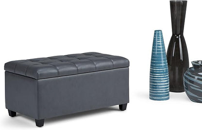 SIMPLIHOME Sienna 33 inch Wide Transitional Rectangle Storage Ottoman Bench in Stone Grey Vegan Faux Leather, Assembled, For the Living Room, Entryway and Family Room