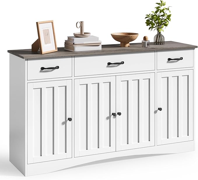 Gizoon Sideboard Buffet Cabinet with Storage, Modern Kitchen Sideboard and Coffee Bar with Drawers and Doors, Wood Buffet Table for Dining Room, 15.2" D x 55.1" W x 31.9" H, White/Grey