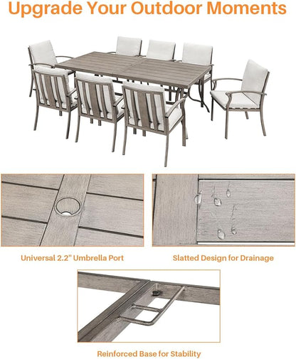 9-Piece Outdoor Dining Set, Aluminum Patio Dining Set with 2.2" Umbrella Hole, Outdoor Table and Chairs with Thick Cushions, Patio Furniture Sets for Decks, Lawn, Garden, Backyard, Limed Oak