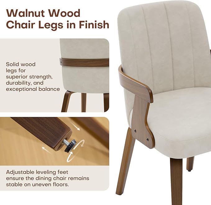 Kitchen Dining Chairs Set of 2, Faux Leather Upholstered Dining Room Chairs with Wood Arms and Legs, Mid Century Modern Kitchen Side Chair for Living, Bedroom, Restaurant, Walnut/Beige