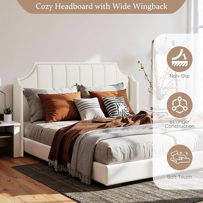 Lucky Monet Luxurious Headboard Only Queen Size with Wingback, Velvet Upholstered Tufted Headboard with Nailhead Decor for Bed, Adjustable Height Curved Head Board Vertical Channel Design (Cream)