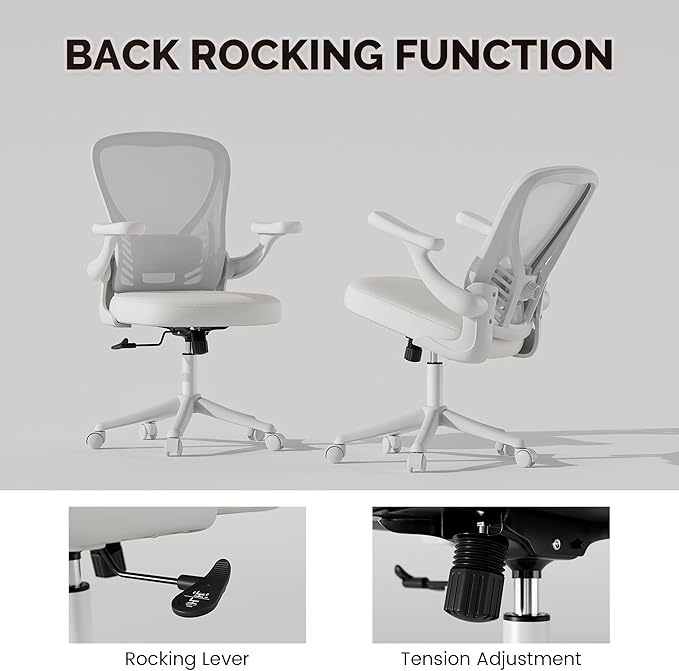 Computer Desk Chair with Wheels, Mesh Office Chair with Flip Up Arms, Adjustable Lumbar Support, Swivel Desk Chair Comfy, White