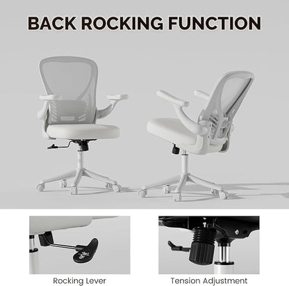 Computer Desk Chair with Wheels, Mesh Office Chair with Flip Up Arms, Adjustable Lumbar Support, Swivel Desk Chair Comfy, White