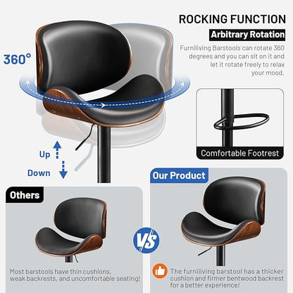 Furniliving Adjustable Bar Stools Set of 2, Swivel Bentwood Barstools Counter Height Bar Stools, Ergonomic Modern Bar Stools with Back Upholstered Barstools for Dining Room, Kitchen, Bar, Black, PU