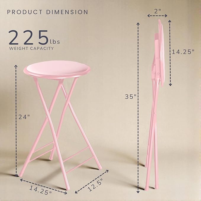 Lavish Home Set of 4 Counter Height Bar Stools – 24-Inch Backless Folding Chairs with 225lb Capacity for Kitchen, Rec Room, or Game Room (Pink)