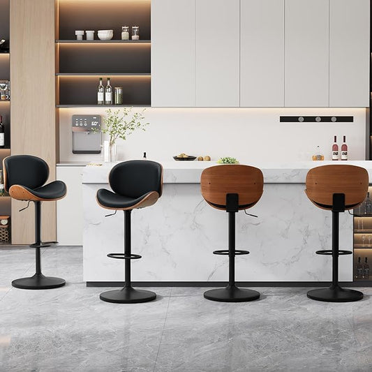 Furniliving Adjustable Bar Stools Set of 2, Swivel Bentwood Barstools Counter Height Bar Stools, Ergonomic Modern Bar Stools with Back Upholstered Barstools for Dining Room, Kitchen, Bar, Black, PU