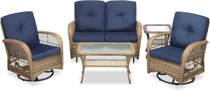 VIVIJASON 5-Piece Outdoor Patio Wicker Conversation Sets, All Weather Outdoor Rattan Furniture Set Includes Glider Loveseat, 2 Coffee Table, 2 Swivel-Gliders Chairs with Cushions, Navy Blue