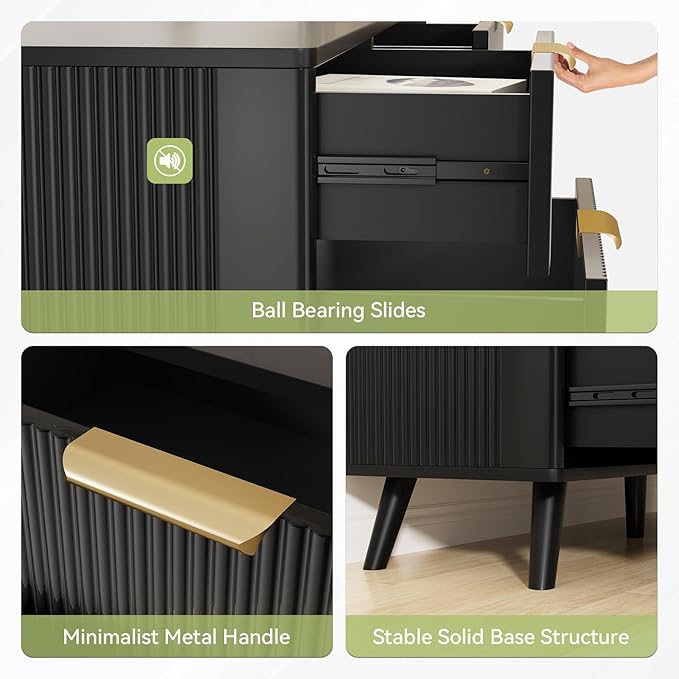 Black Fluted 8 Drawer Dresser for Bedroom, Chest of Drawers with Solid Wood Legs, Modern Dresser Chest Cabinet Organizer with Golden Handles, Beside Table for Closet,