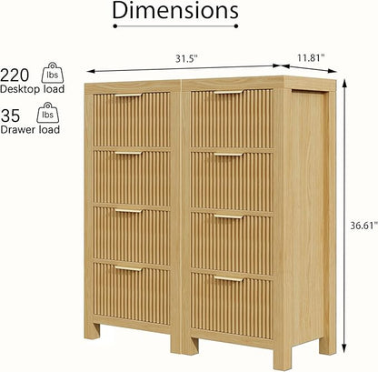 Modern 8-Drawer Solid Wood Dresser with Fluted Front & Gold Handles, Multifunctional Tall Storage Chest, for Hallway, Entryway, Natural X2