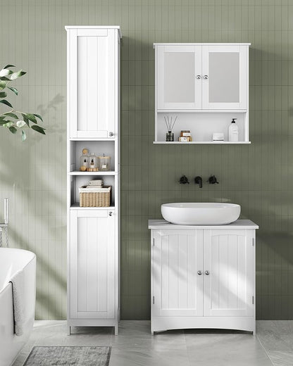 VASAGLE Tall Storage Cabinet with Lights, Slim Freestanding Cabinet with Adjustable Shelves, for Small Spaces, Bathroom, Living Room, Modern, 11.8 Inches Wide, Cloud White UBBC566W02