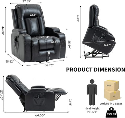 PELUMY Manual Lift Recliner Chair for Elderly with Massage & Heat, Oversized Heavy Duty 350 lbs Recliner with Cup Holders & USB Ports, Infinite Positioning Lift Chair (Breathable Leather, Black)