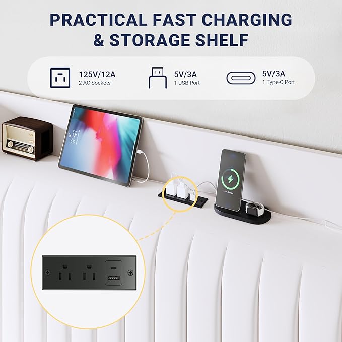 Allewie Queen Size Platform Bed Frame with USB Charging Station and Storage Shelf/Upholstered Velvet Wingback Headboard/Wooden Slats Support/No Box Spring Needed/Easy Assembly, White