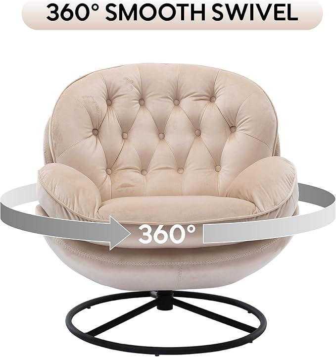 360° Swivel Modern Velvet Accent Chair with Ottoman | Mid-Century Button Tufted Lounge Chair for Living Room & Bedroom, Beige