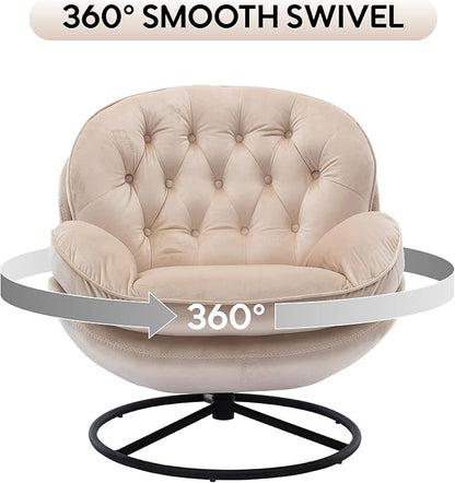 Set of 2 360° Swivel Modern Velvet Accent Chair with Ottoman | Mid-Century Button Tufted Lounge Chair for Living Room & Bedroom, Beige