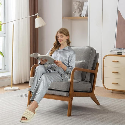 Mid-Century Accent Chair Set of 2,Linen Fabric Lounge Chair with Wide Armrest,Linen Fabric Armchair withLumbar Pillow & Solid Wood Frame for Living Room, Bedroom, Balcony(Light Gray)
