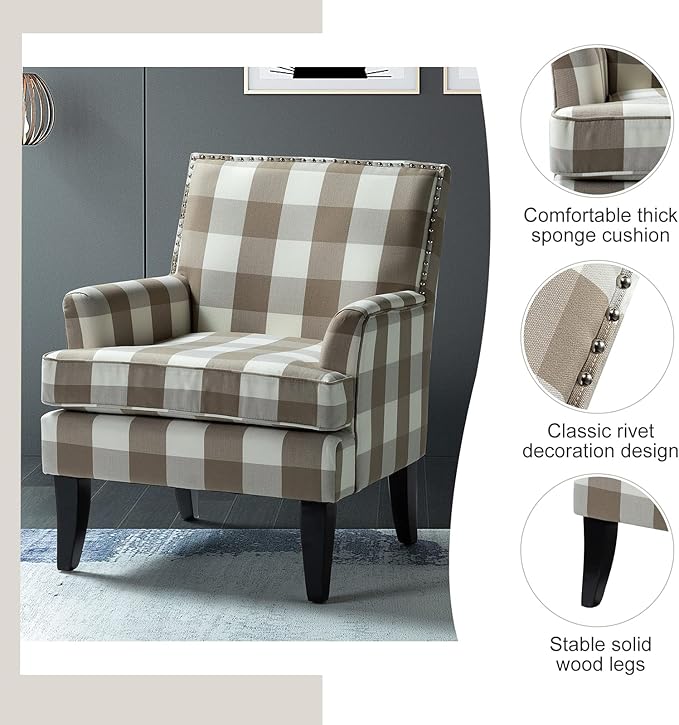 HULALA HOME Modern Accent Chair with Arms and Wooden Legs, Mid Century Accent Chair Armchair High Back Rest, Padded Armrest and Comfortable Cushioned Seat for Living Room (Buffalo Beige)