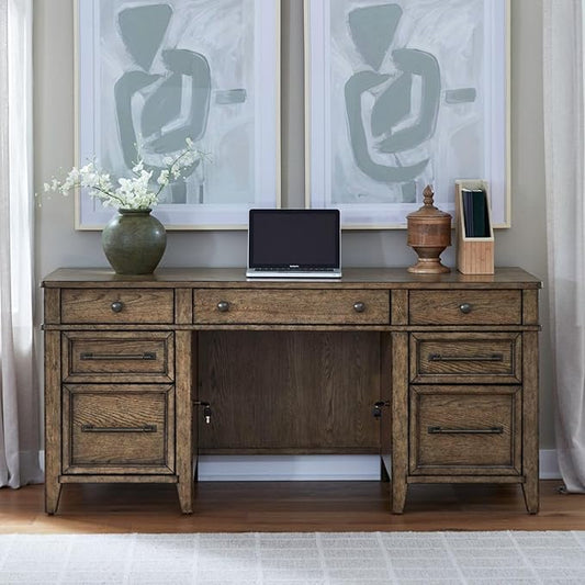 Liberty Furniture Carolina Park Jr Executive Credenza with Keyboard Tray, Locking File Storage for Home Office- Amber Brown Oak Wood