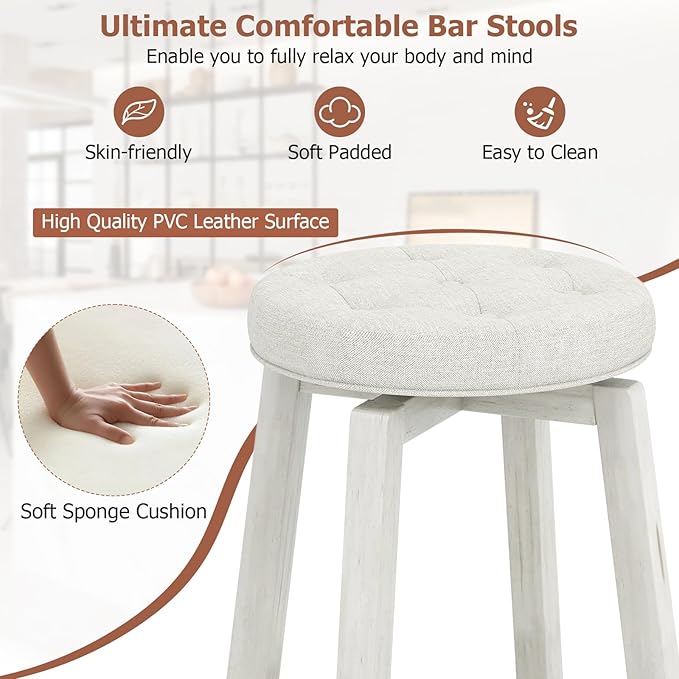 COSTWAY 360° Swivel Bar Stools Set of 2, 30-inch Height Vintage Upholstered Rubberwood Backless Bar Chairs with Footrest, Retro Kitchen Counter Stools for Kitchen Island Dining Room Home Bar, White