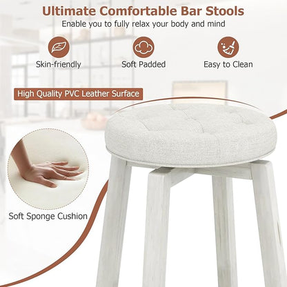 COSTWAY 360° Swivel Bar Stools Set of 4, 30-inch Height Vintage Upholstered Rubberwood Backless Bar Chairs with Footrest, Retro Kitchen Counter Stools for Kitchen Island Dining Room Home Bar, White