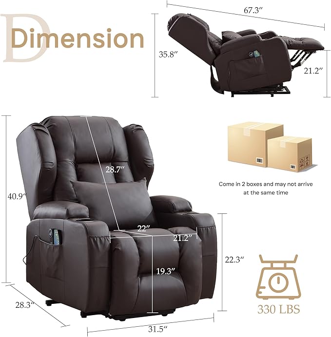 Power Lift Recliner Chair for Elderly, Electric PU Leather Reclining Single Sofa with Massage & Heat, Side Pocket, Cup Holders and USB/Type-C Charge Port for Living Room (Brown)