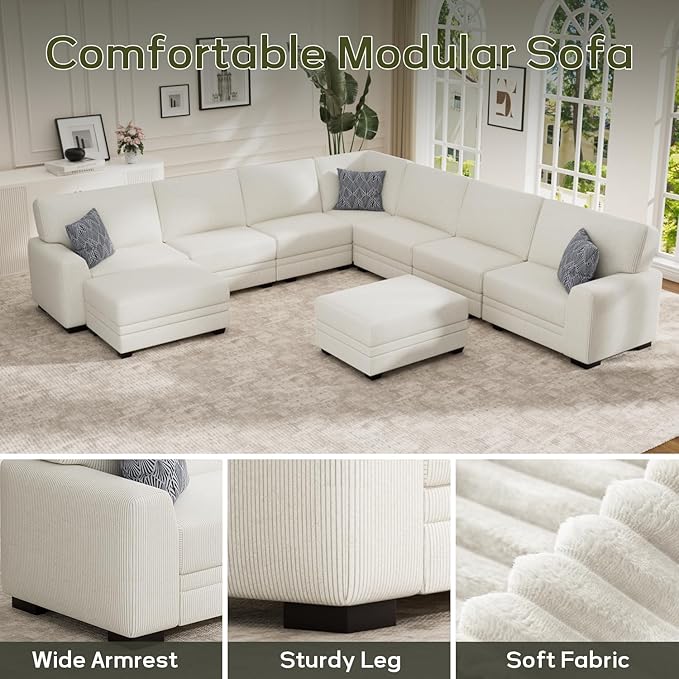 Wanderwell Oversized Modular Sectional Sofa, 9-Seater U Shaped Couches with Movable Ottoman,Corduroy Sectional Couch with Wide and Deep Seats Suitable for Living Room,Bedroom,Apartment (Cream, U-9)
