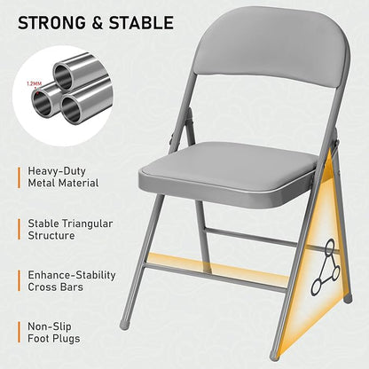 SEALAMB 6 Pack Grey Folding Chairs with Padded Seats & Cushion, Durable Metal Foldable Chairs for Wedding Party, Commercial Chairs for Office School Church Events, 330lb Capacity (Grey-PU, 6 Pack)