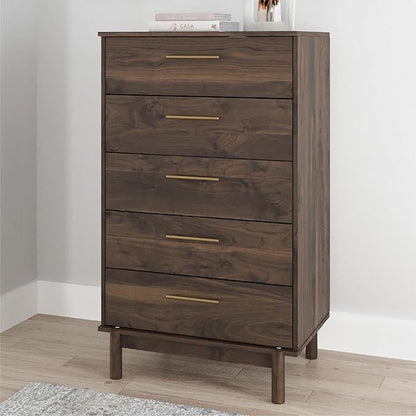 Signature Design by Ashley Calverson Contemporary 5 Drawer Chest of Smooth-Gliding Drawers and Safety Stop, Dark Brown