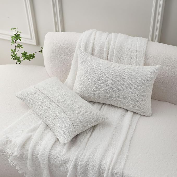 FUTEI Christmas Pack of 2 White Decorative Throw Pillow Covers 12x20 Inch Soft Cozy Solid Boucle Textured Lumbar Pillow Cases,Modern Home Decor for Couch Bed Living Room