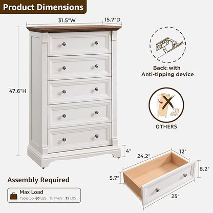 T4TREAM Farmhouse 5 Drawer Dresser for Bedroom, 47" Tall Wood Dresser with Ample Storage Space and Rustic Charm, Antique White