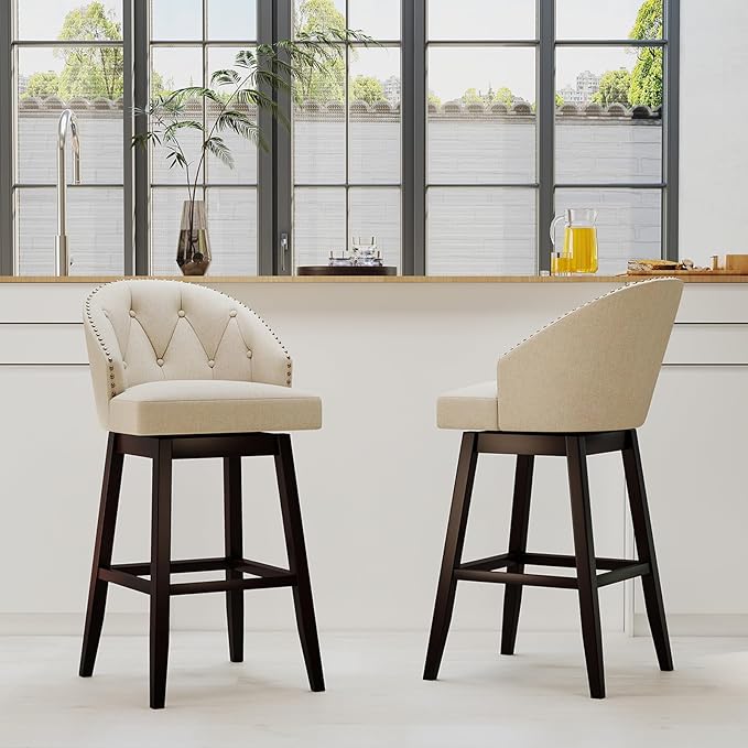 COSTWAY Bar Stools Set of 2, 31’’ Swivel Bar Stools with Rubber Wood Legs & Padded Back, Breathable Linen Fabric, Stylish Tufted Design & Rivet Decoration, Adjustable Foot Pads (2, Beige + Brown)