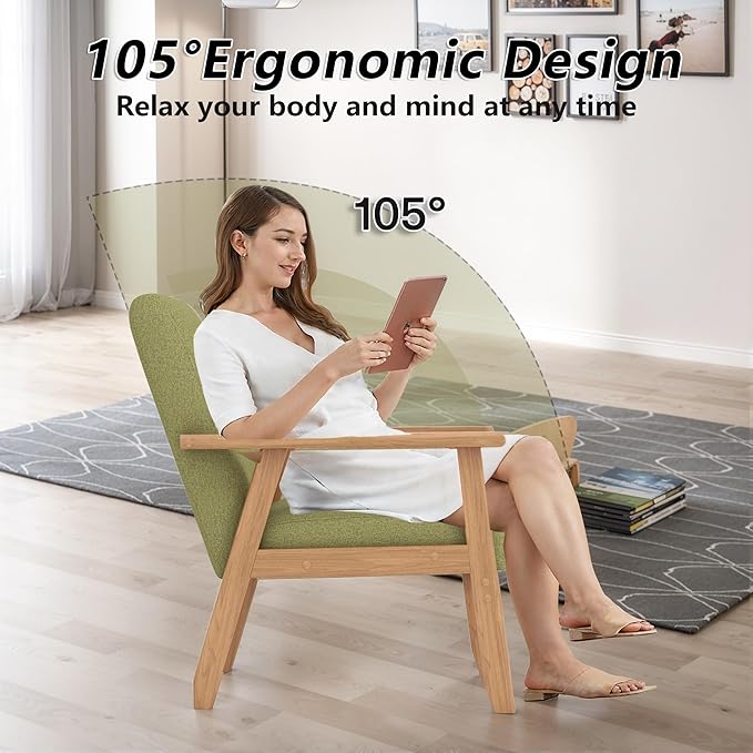 Modern Accent Chair with Wooden Table, Upholstered Linen Fabric Leisure Side Chair with Arm Rest and Wooden Frame for Living Room, Bedroom Reading (Green)