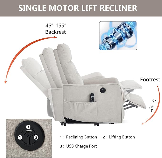 PELUMY Manual Lift Recliner Chair with Massage and Heat for Elderly, Single Motor Electric Lift Chair, Heavy Duty Recliner with USB Charging & Side Pockets (Chenille, Beige)
