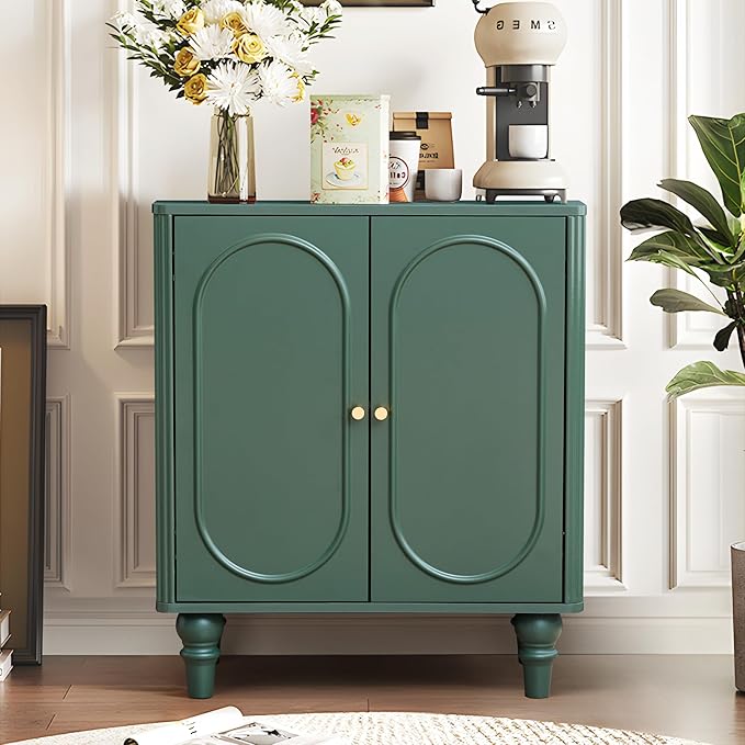 ORRD Fluted Storage Cabinet, Modern Credenza Wooden Accent Sideboard Buffet Cabinet Set of 2 with Adjustable Shelves and Solid Wood Legs, Console Table for Kitchen Dining Living Room Entryway, Green