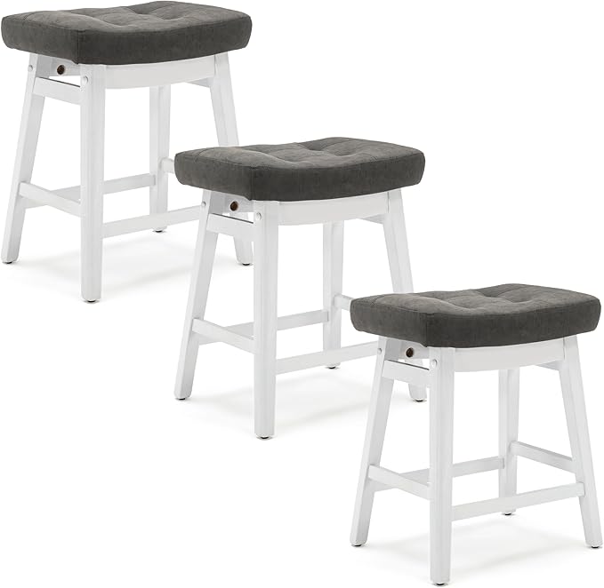Counter Height Bar Stools Set of 3 for Kitchen Counter Farmhouse Modern Barstools with Faux Leather Upholstered Backless Seat and Solid Wood Legs 24 inch Bar Chairs, Grey + White
