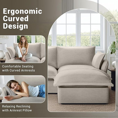 Oversized Cloud Modular Sectional Sofa, Comfy Down Filled Cloud Couch with Removable Cover, V Shaped 5 Seat Couch with Ottoman, Deep Seat Sectional Couches for Living Room, Light Gray