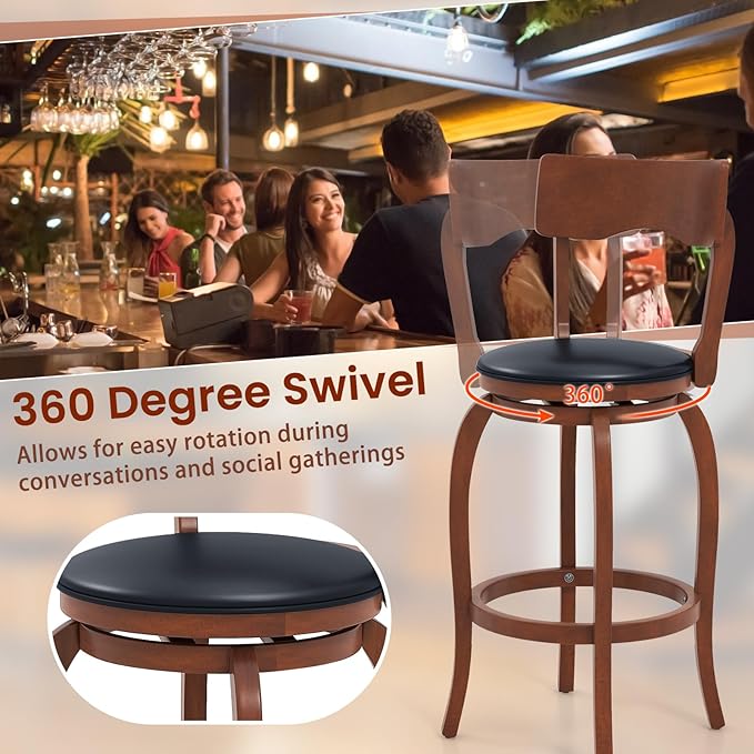 COSTWAY Bar Stools Set of 4, 29 Inch Swivel Bar Height Chairs with Rubber Wood Frame, Upholstered Seat, High Back Barstools for Kitchen Island, Home Bar, Pub, Brown (4, Seat Height: 29”)