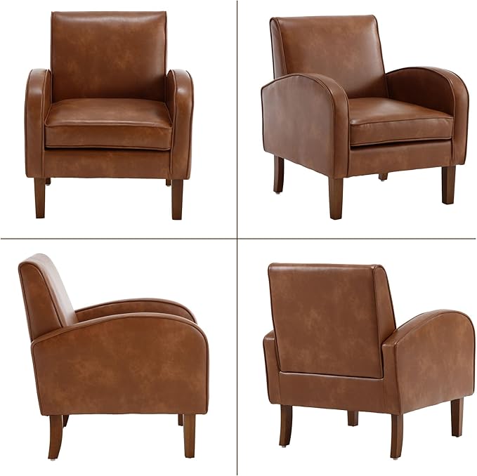 Brown Faux Leather Accent Chair Set of 1, Mid Century Modern Upholstered Arm Chair with Wooden Legs, Comfy Reception Office Club Reading Chairs Side Lounge Chairs for Living Room Bedroom